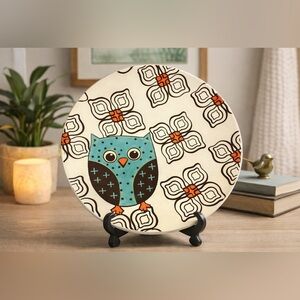 Mesa Home Owl Ceramic Platter 13” Teal Orange Floral Decorative Plate